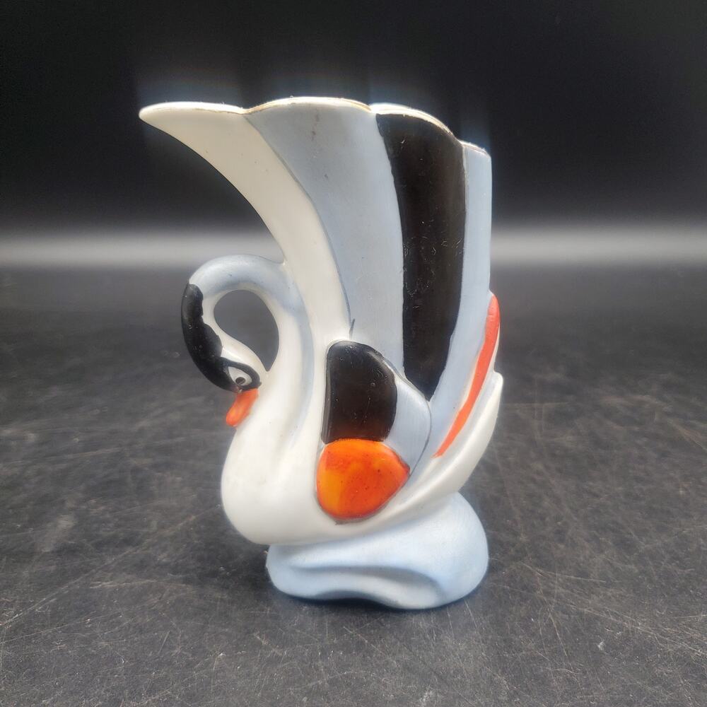 Vintage Occupied Japan Swan Vase Planter Art Deco Black Orange Blue Ceramic